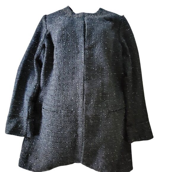 Chicos Black Tweed Open Front Jacket Tinsel Leopard Print Lining Size S 1 - Picture 4 of 16